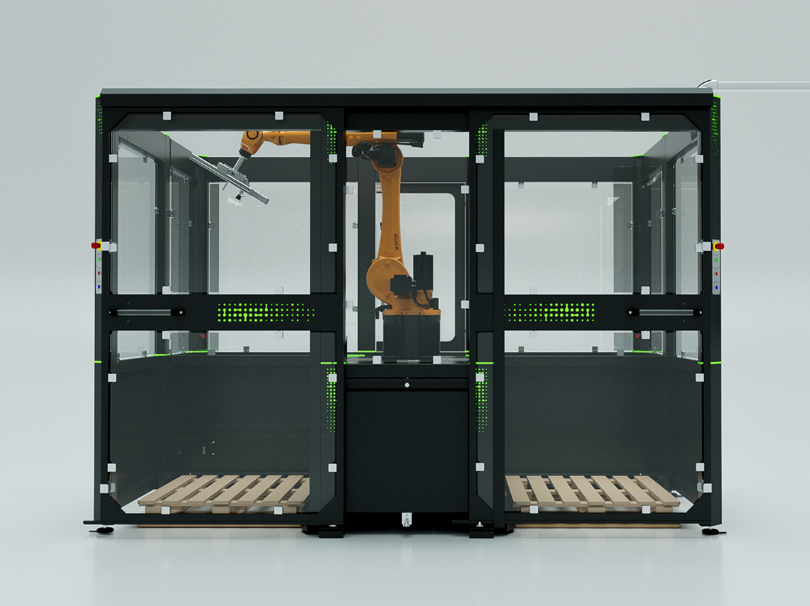 Enclosed MalocherBot robotic palletizing cell with safety housing